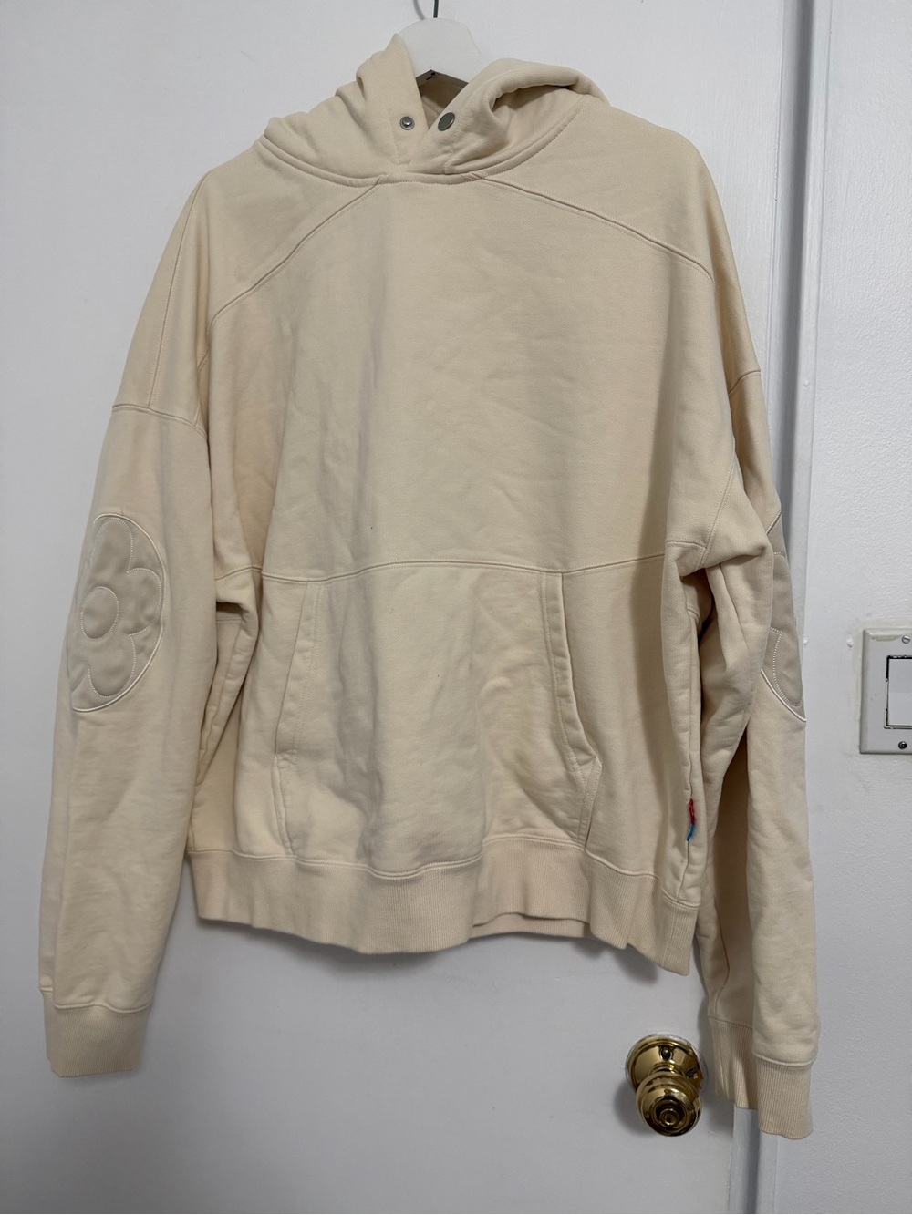 Cream Pullover Hoodie with Embroidered Elbow Patch